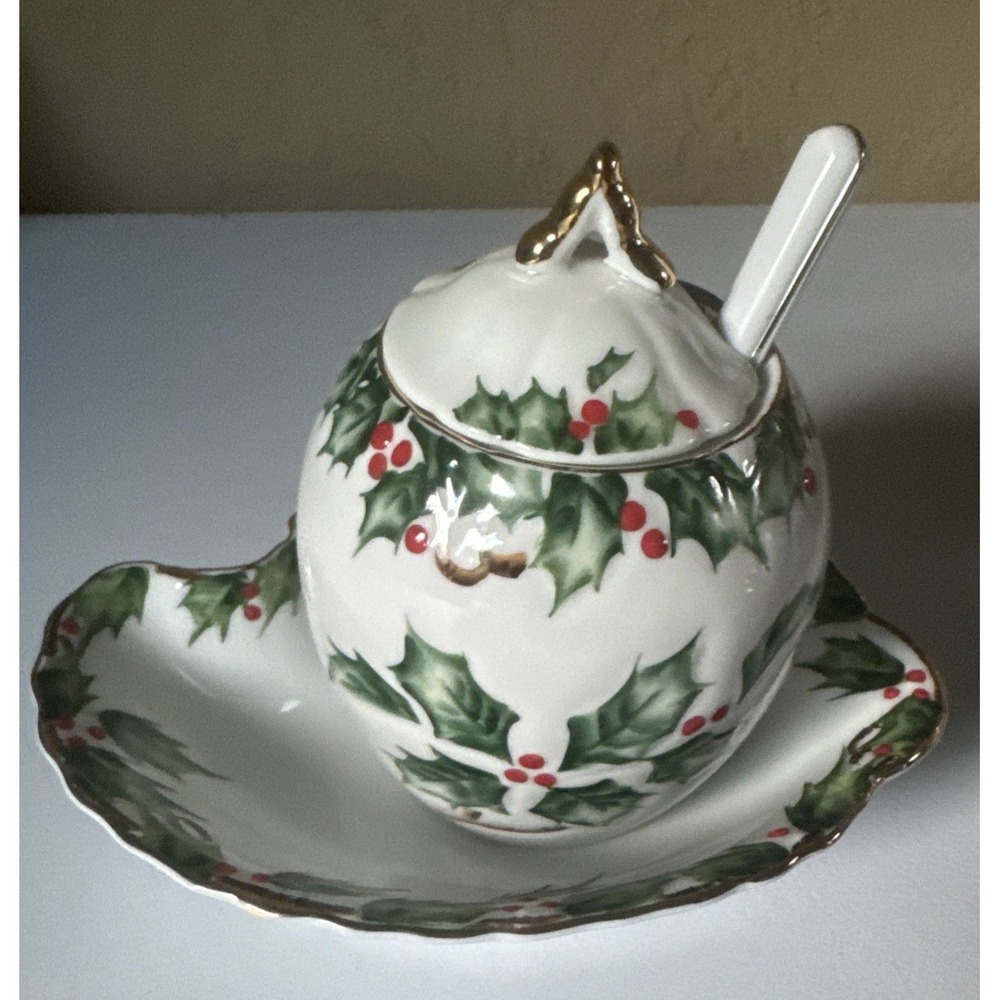 Lefton China Christmas Holly Mustard Jar Jam Pot, Spoon And Under Plate Vintage